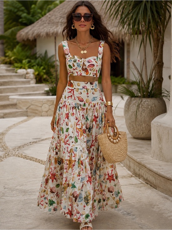 Commense Dresses & Skirts - NWT COMMENSE Coastal Seashell Print Crop Top Tiered Maxi Skirt Set Size Small